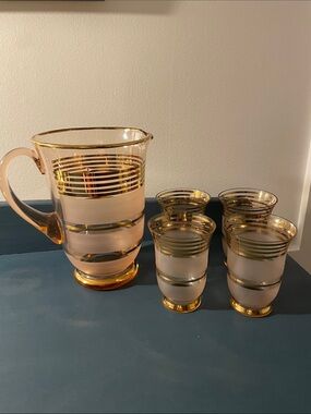 Frosted Glass and Gold Plated Ringed Jug & Tumblers Set C 1950
